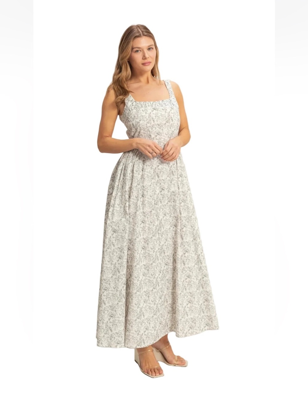 HYFVE Floral Square-Neck Maxi Dress in Light Cream and Gray Print